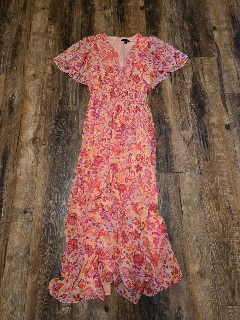 Floral Pink Orange Maxi Dress with Flutter Sleeves